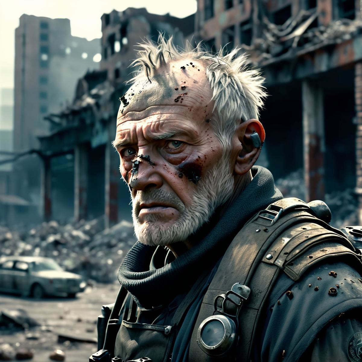 sad old man in a post apocalyptic destroyed city after nuclear blast, newdawn, closeup, high quality photography, 3 point ...